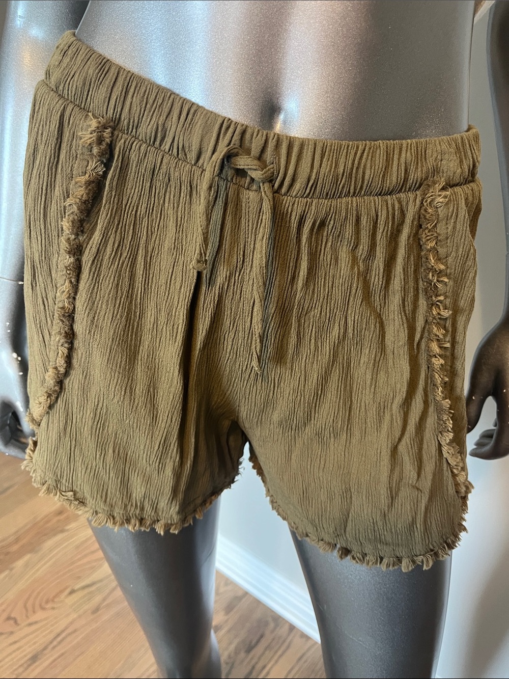 Mossimo Supply Co. Olive Drawstring Fringe Women's Shorts
